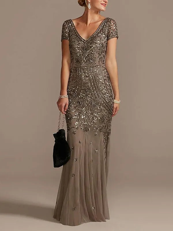 V-neck Beaded Short Sleeve Dress with Godets Mother of the Bride Dress