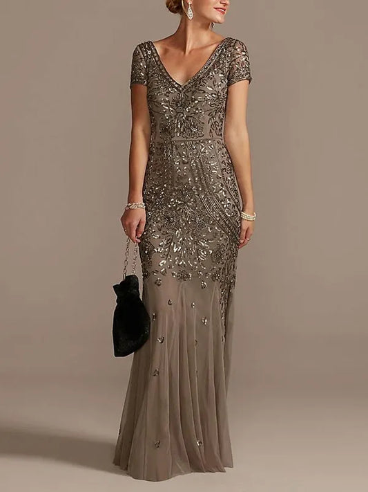 Robe de mariée à encolure en V, manches courtes perlées et godets, pour la mère de la mariée