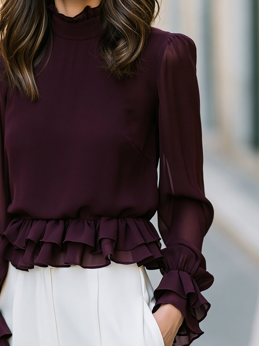 Ruffled Mock Neck Peplum Blouse