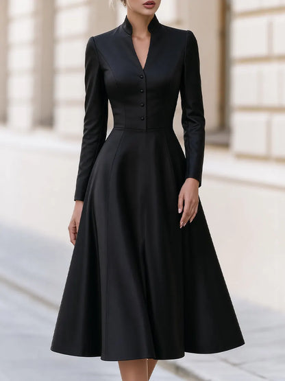 Stand‐Collared Button‐Front Fit‐and‐Flare Midi Dress
