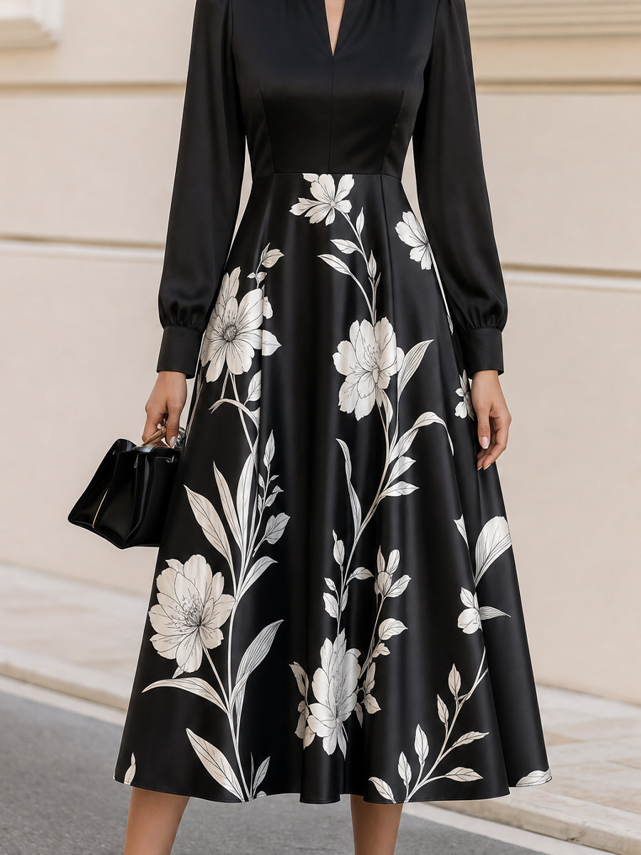 Floral Print Notched Neck Long Sleeve A-Line Midi Dress