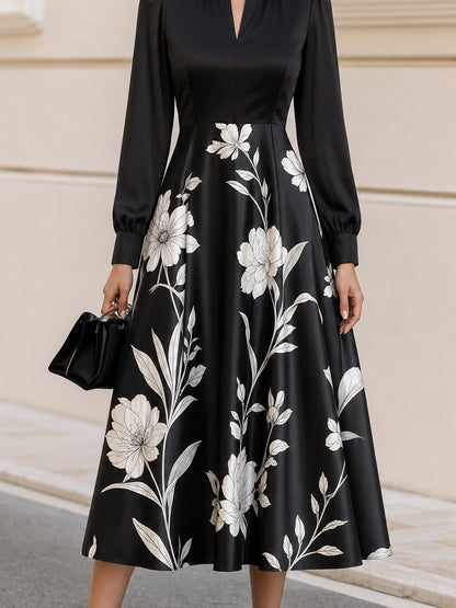 Floral Print Notched Neck Long Sleeve A-Line Midi Dress