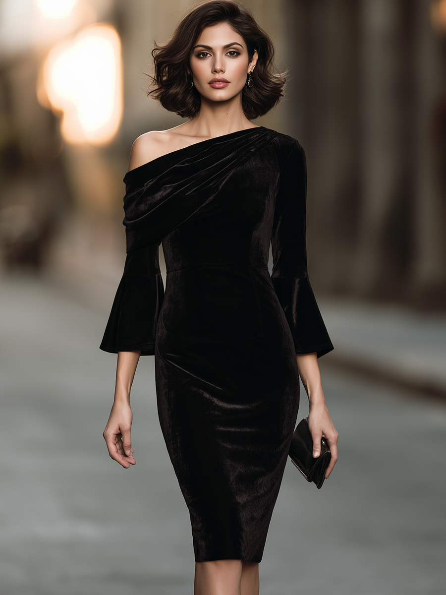 Asymmetric One-Shoulder Draped Flounce Sleeve Velvet Sheath Midi Dress