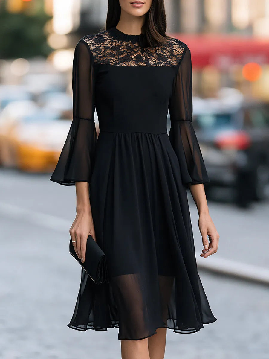 Elegant Sheer Lace Yoke Midi Dress With Flared Sleeves