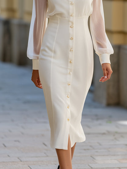 Sheer Sleeve Button-Front Sheath Midi Dress