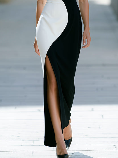 Color Block Sleeveless Boat Neck Slit Maxi Dress