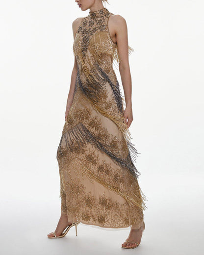 Embellished Fringed Halter Maxi Dress