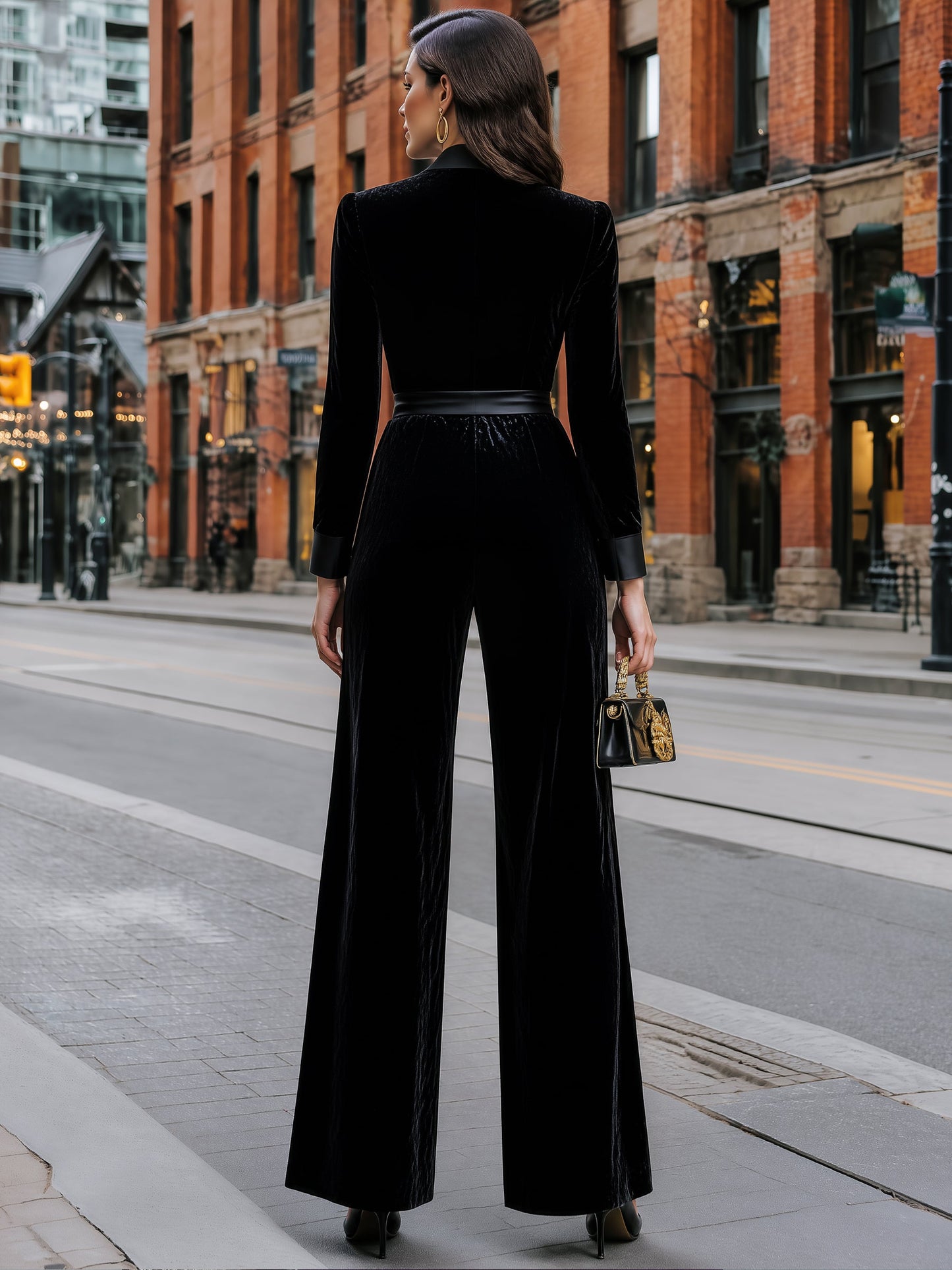 Velvet Satin-Lapel Tie-Waist Jumpsuit