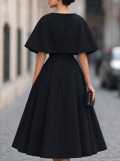 Cape-Overlay Square-Neck A-Line Midi Dress