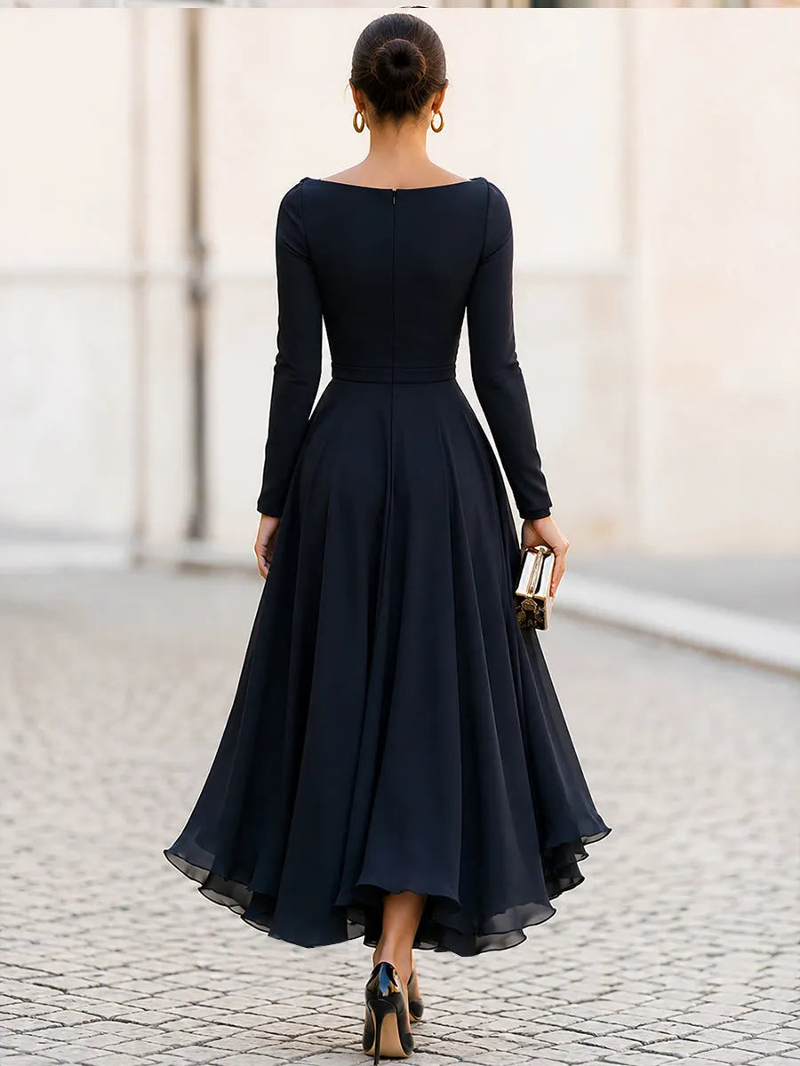 Draped Bateau Neck High-Low Maxi Dress