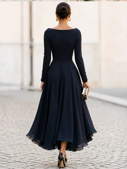Draped Bateau Neck High-Low Maxi Dress