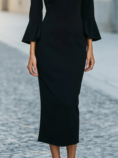 Crystal-Trim Off-Shoulder Bell-Sleeve Midi Dress