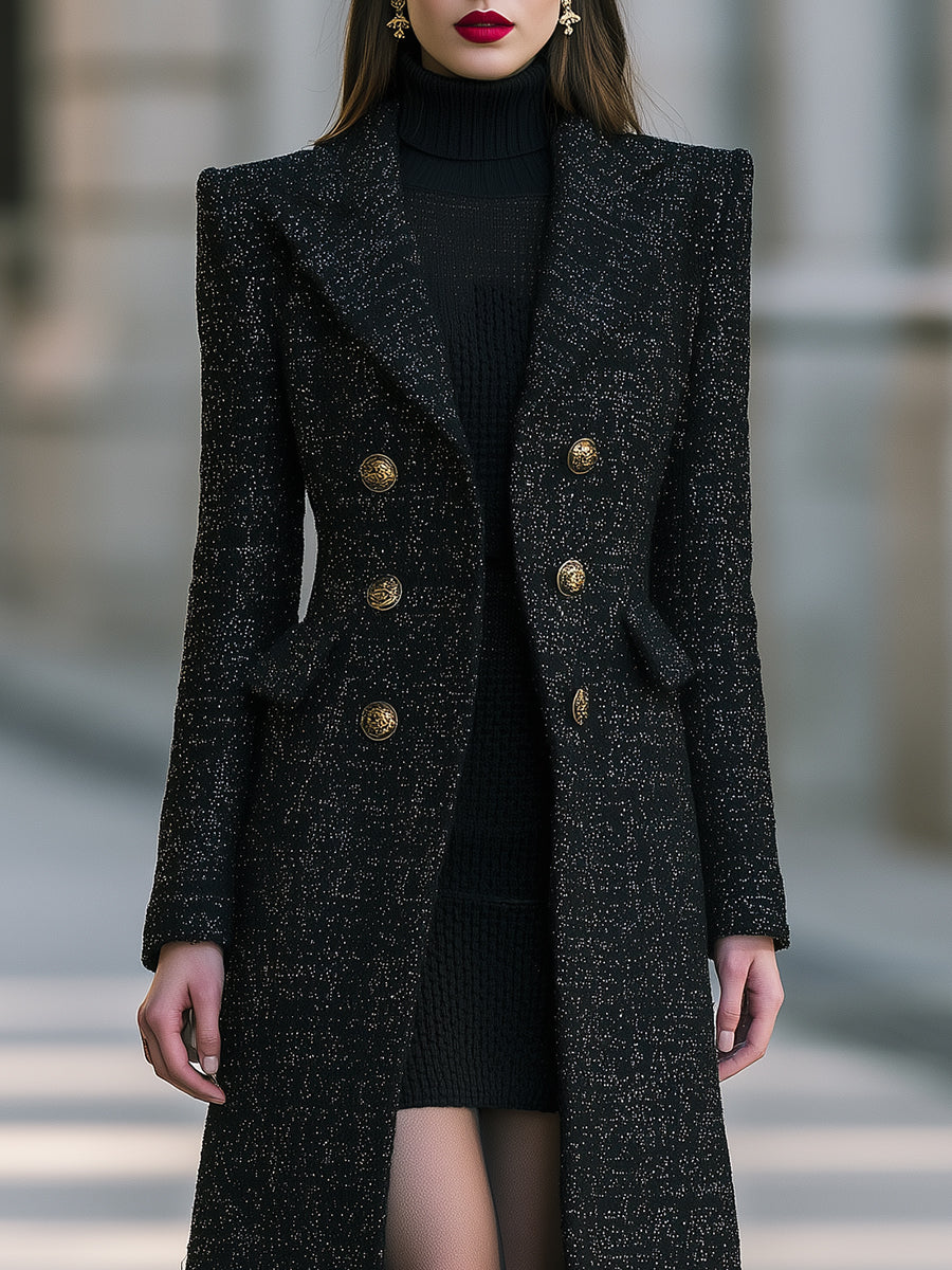 Metallic Tweed Long Coat And Sleeveless Knit Dress Set