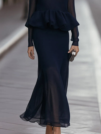 Peplum High-Neck Knit Top & Mermaid Maxi Skirt Two-Piece Set