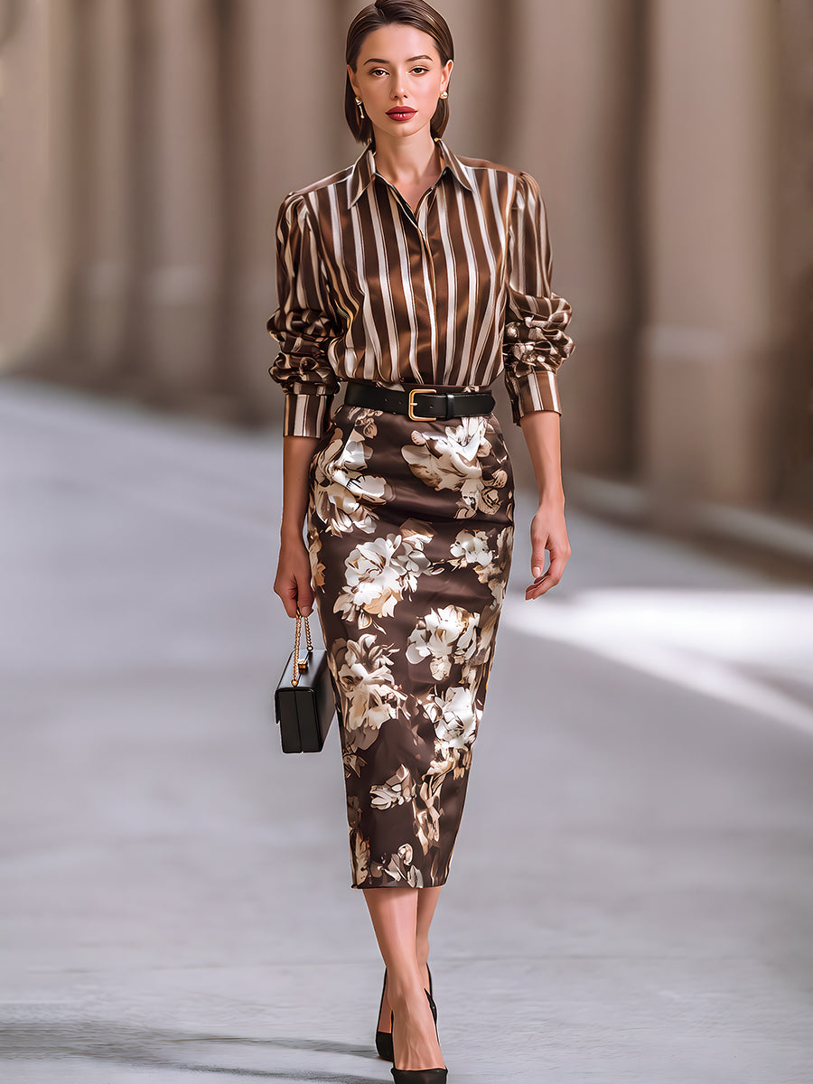 Stripe Satin Shirt & Floral Midi Pencil Skirt Two Piece Set