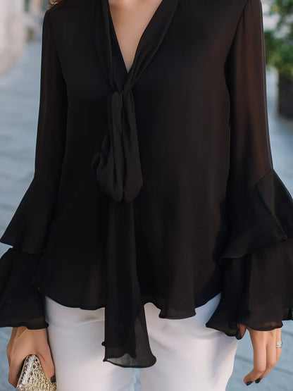Tie-Neck Ruffle-Sleeve Flared Blouse