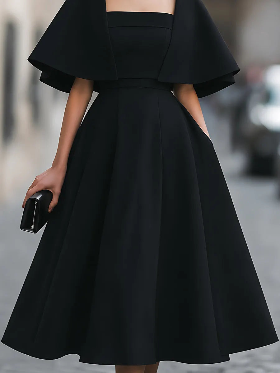 Cape-Overlay Square-Neck A-Line Midi Dress