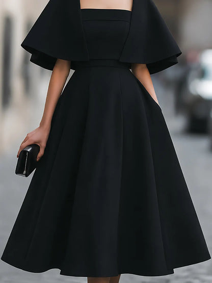 Cape-Overlay Square-Neck A-Line Midi Dress
