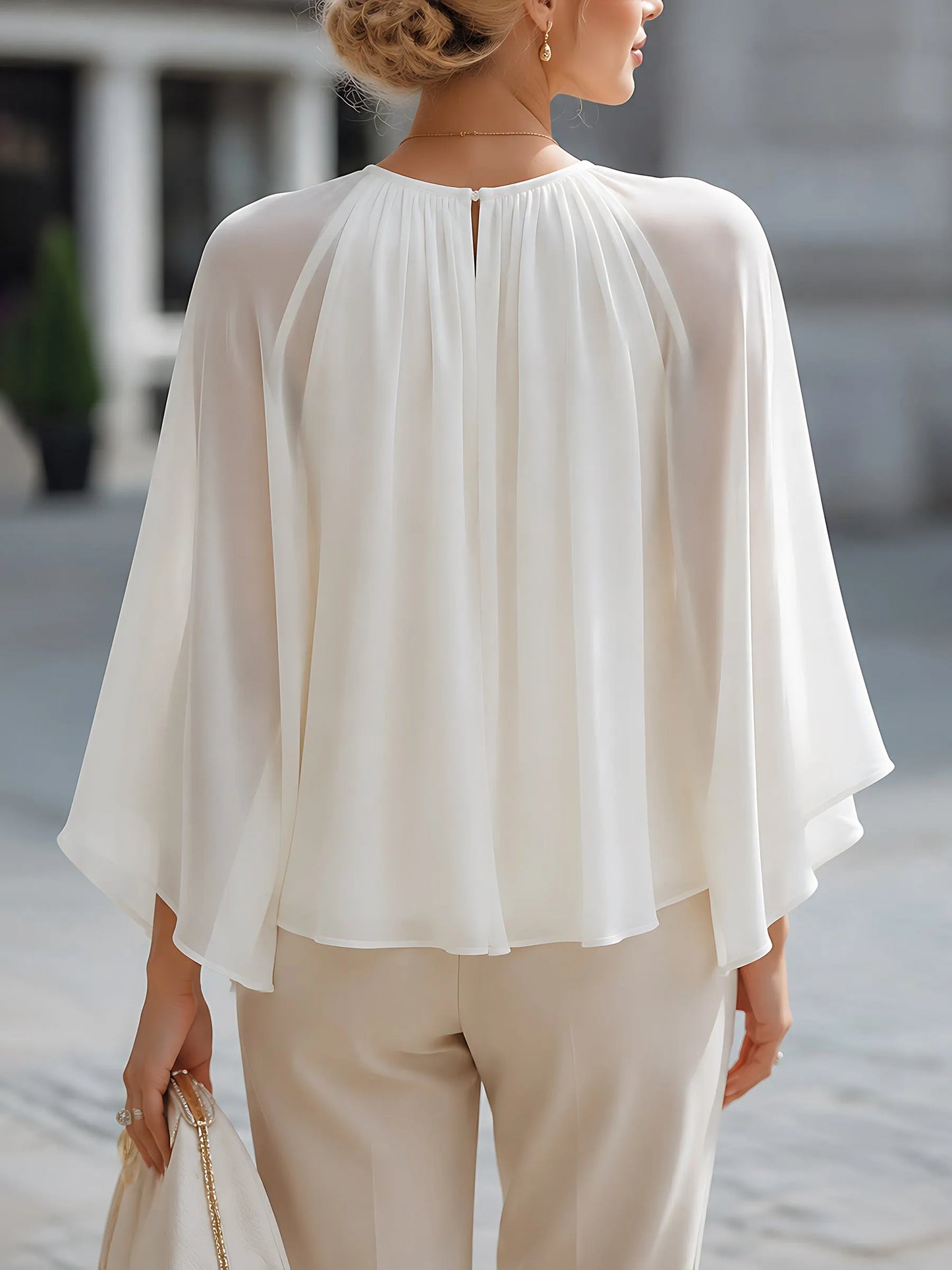Pleated Cape-Sleeve Chiffon Blouse