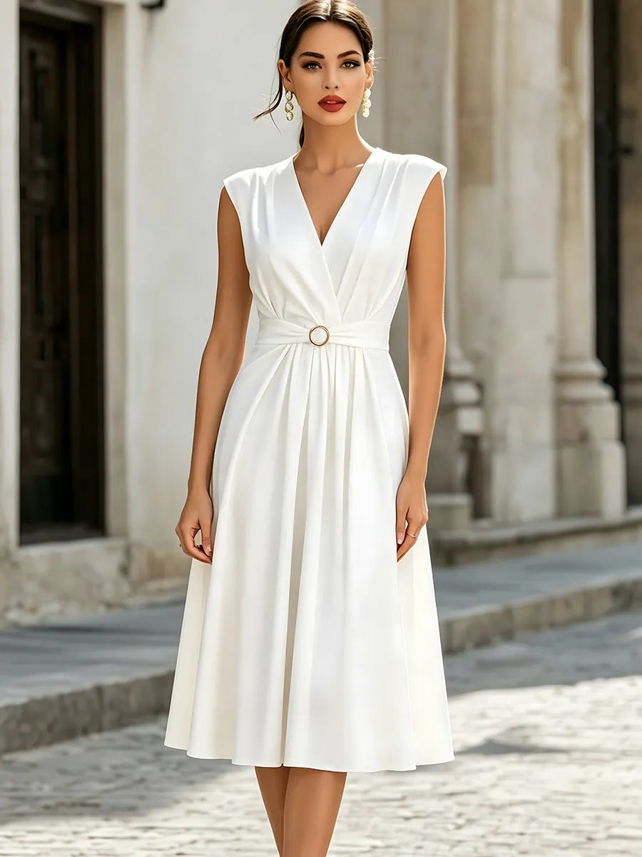 Elegant V-Neck Pleated Waist Belted A-Line Midi Dress
