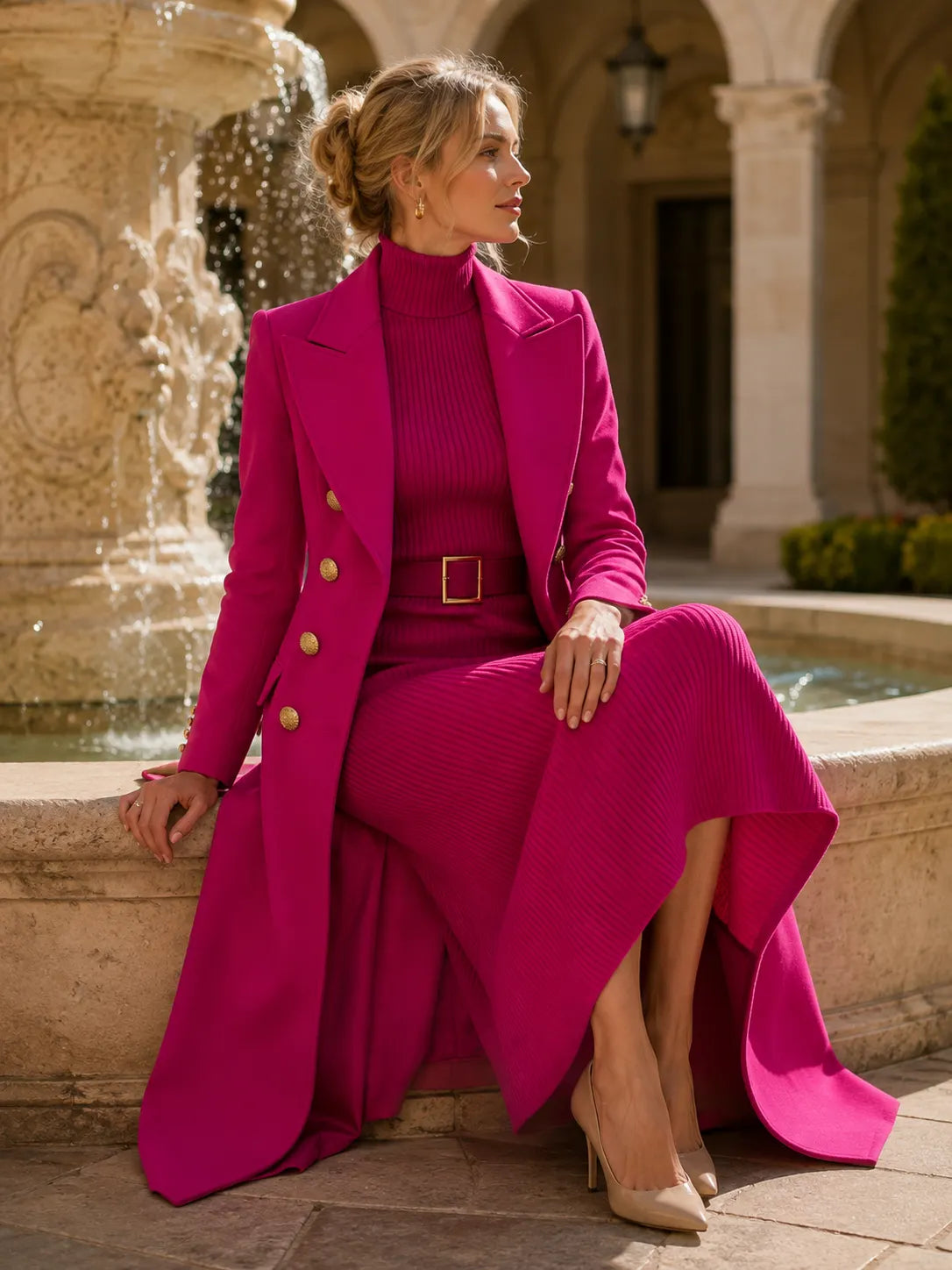 Double-Breasted Maxi Coat And Belted Knit Midi Dress Set