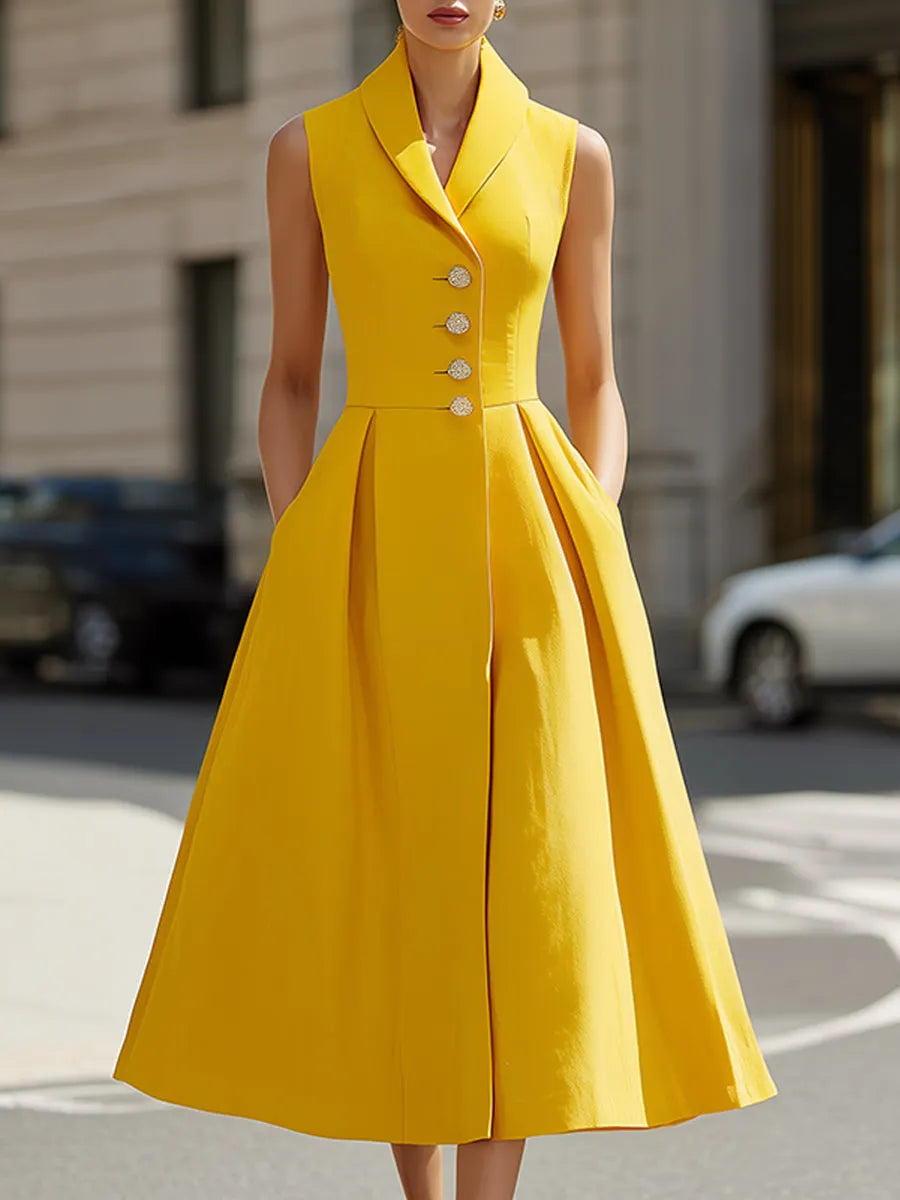 Sleeveless Lapel Button-Front  Maxi Dress