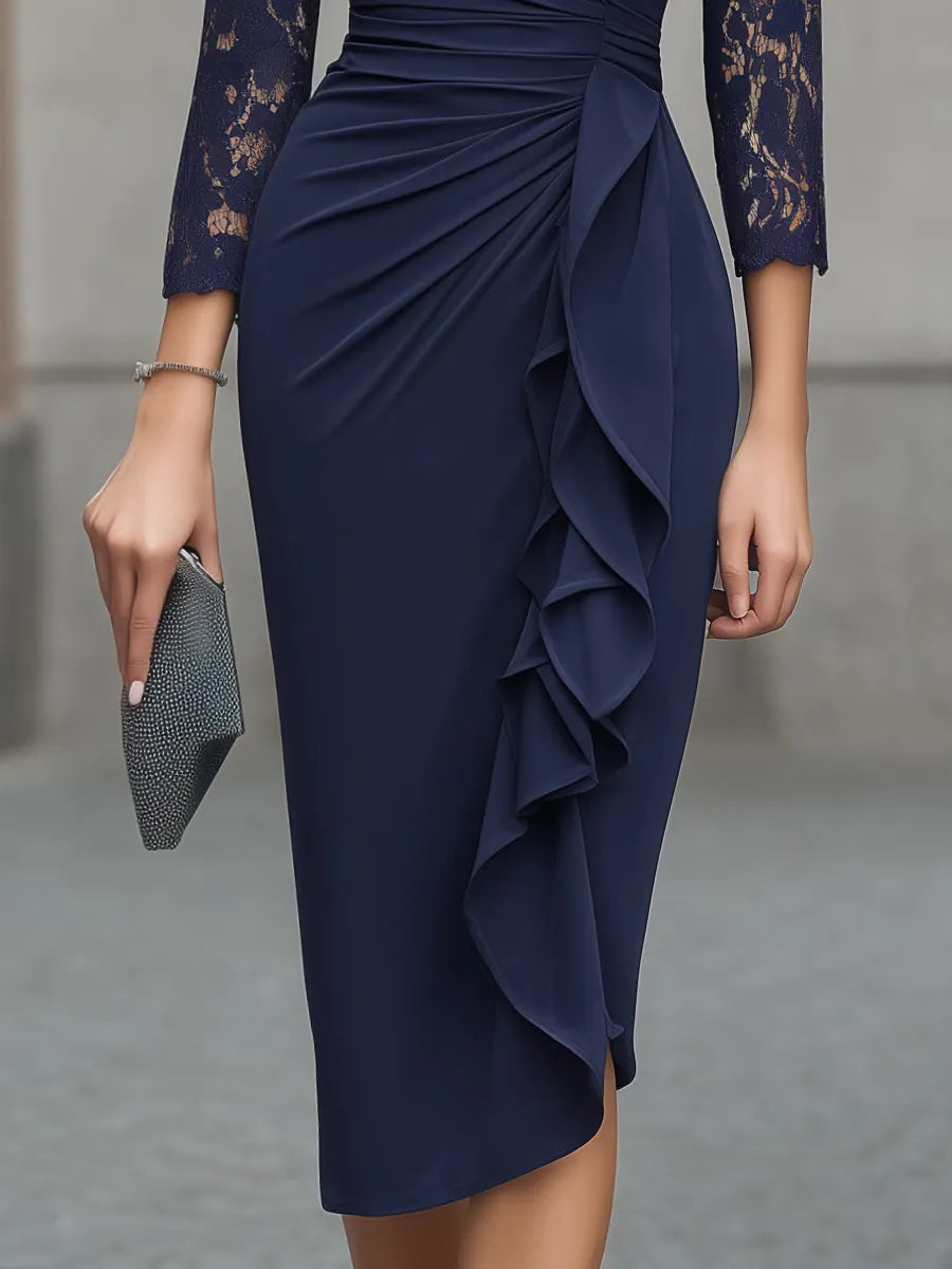 Lace Sleeve Ruched Ruffle Wrap Midi Dress