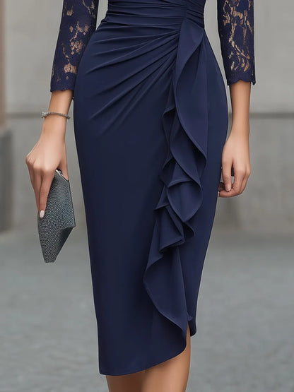 Lace Sleeve Ruched Ruffle Wrap Midi Dress