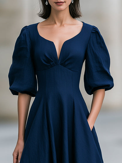 Sweetheart V-Neck Puff Sleeve Midi Swing Dress
