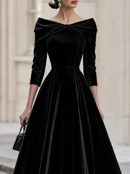Formal Evening Off The Shoulder Bow 3/4 Sleeve Velvet Midi A-Line  Dress