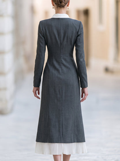 Contrast Lapel Pleated Hem Midi Dress