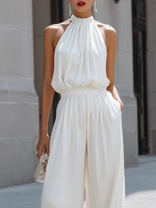 Flowing Halter Neck Layered Top And Wide-Leg Trousers Set