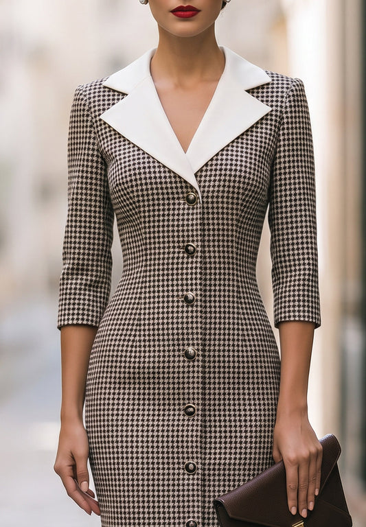 Robe midi boutonnée à col contrastant et motif pied-de-poule