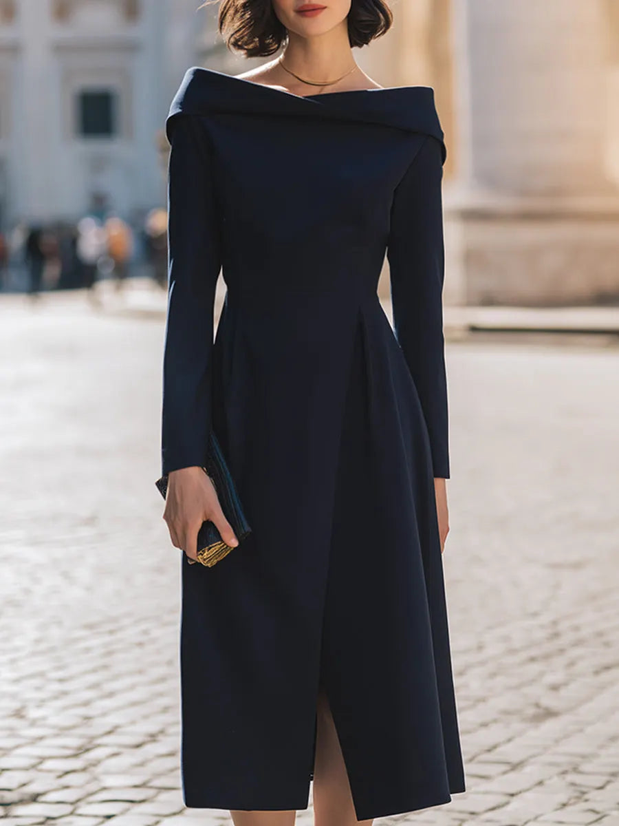 Elegant Boat-Neck Long-Sleeve Midnight Navy Midi Dress