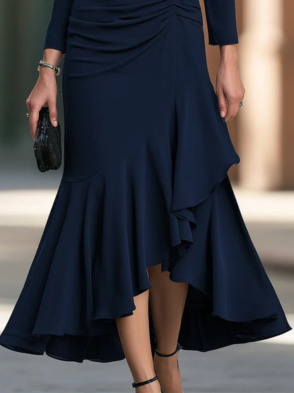 Elegant Keyhole Neck Long Sleeve Ruched Asymmetric Ruffle Hem Cocktail Dress