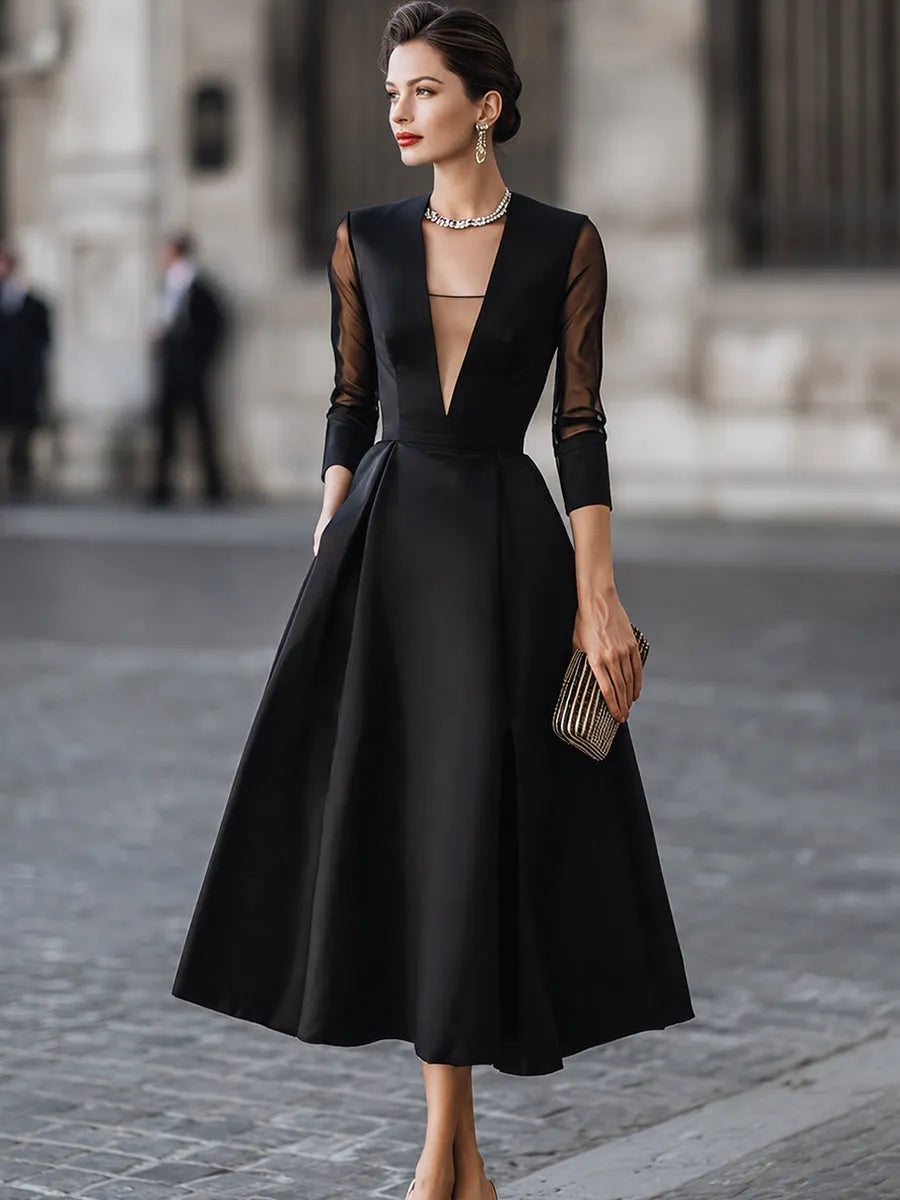 Plunging V Neck Sheer Mesh Sleeve Glossy Satin Swing Midi Dress