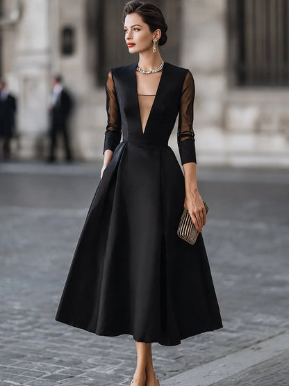 Plunging V Neck Sheer Mesh Sleeve Glossy Satin Swing Midi Dress