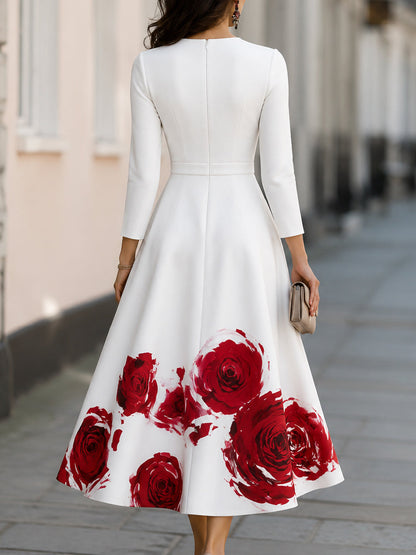 V-Neckline Floral Print A-Line Midi Dress