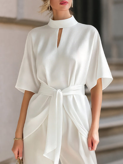 Elegant Mock Neck Front Keyhole Detail Waist-Tie Blouse