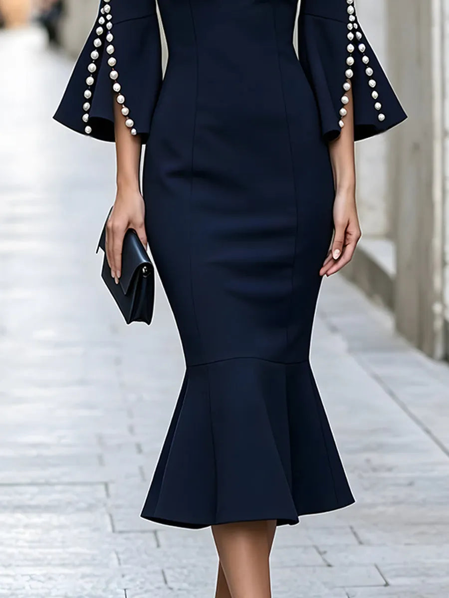 Elegant Pearl-Trim Bell Sleeve Mermaid Midi Dress