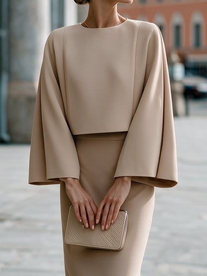 Cape-Sleeve Top and Pencil Skirt Set