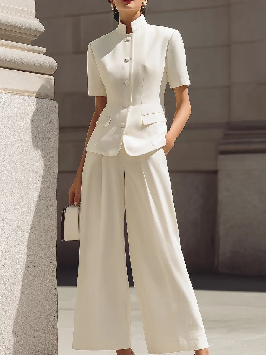 Mandarin-Collar Short-Sleeve Tailored Blazer & High-Waisted Wide-Leg Cropped Trousers Two-Piece Suit