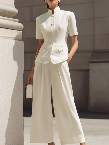 Mandarin-Collar Short-Sleeve Tailored Blazer & High-Waisted Wide-Leg Cropped Trousers Two-Piece Suit