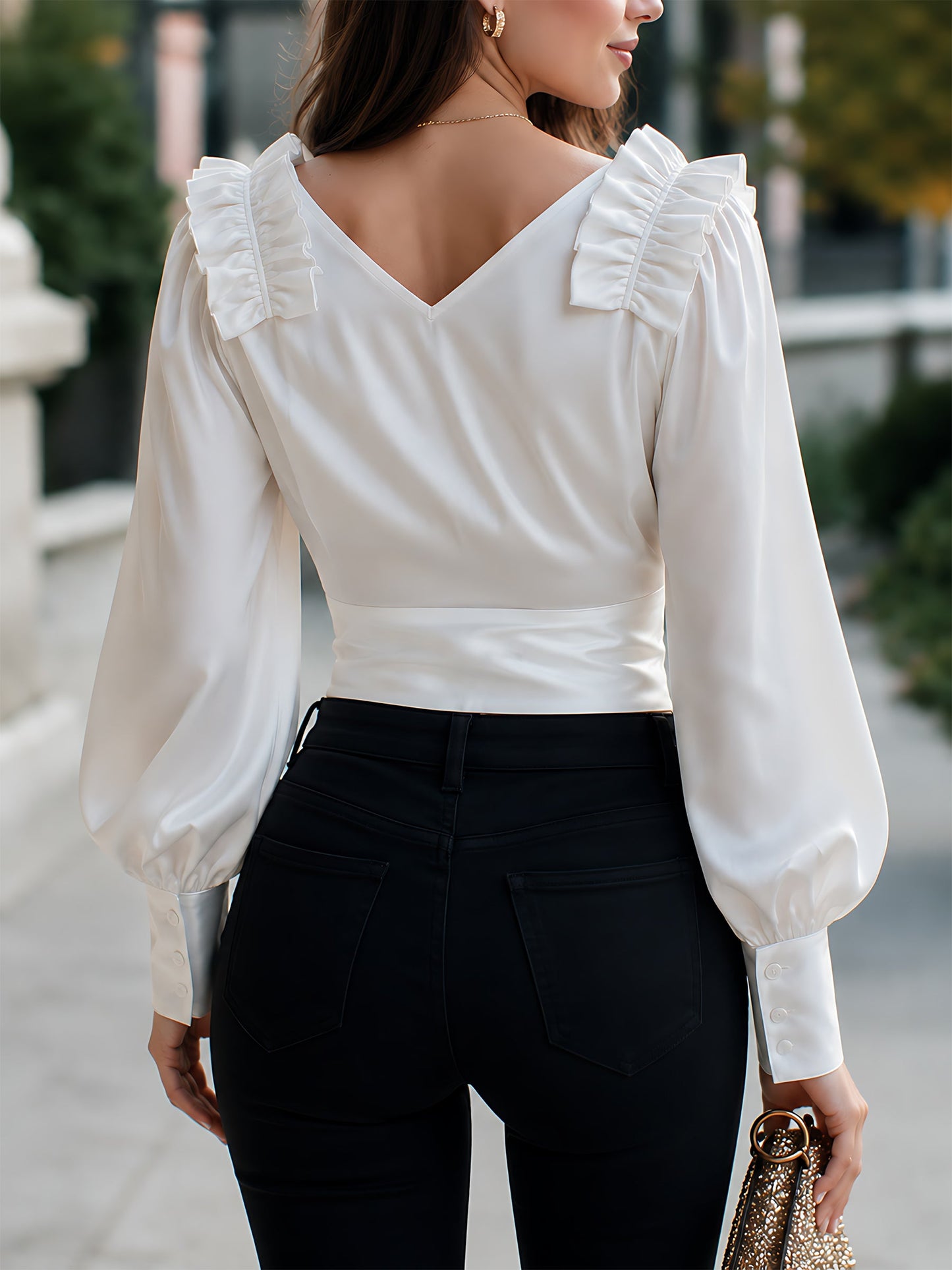 Satin Ruffle Puff-Sleeve Ruched V-Neck Top