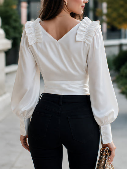 Satin Ruffle Puff-Sleeve Ruched V-Neck Top