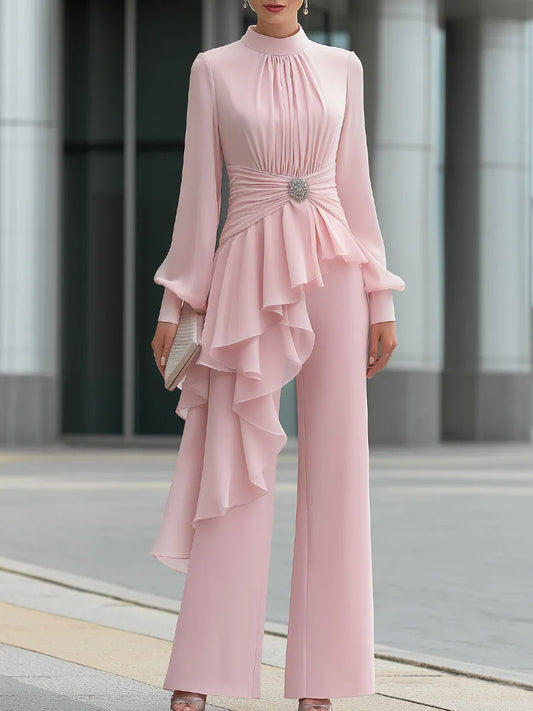 Elegant Draped Ruffle Top Wide-Leg Pants Set