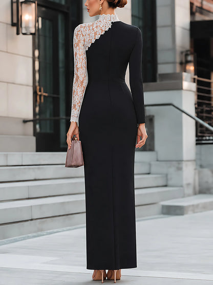 Asymmetric Lace-Spliced Maxi Dress