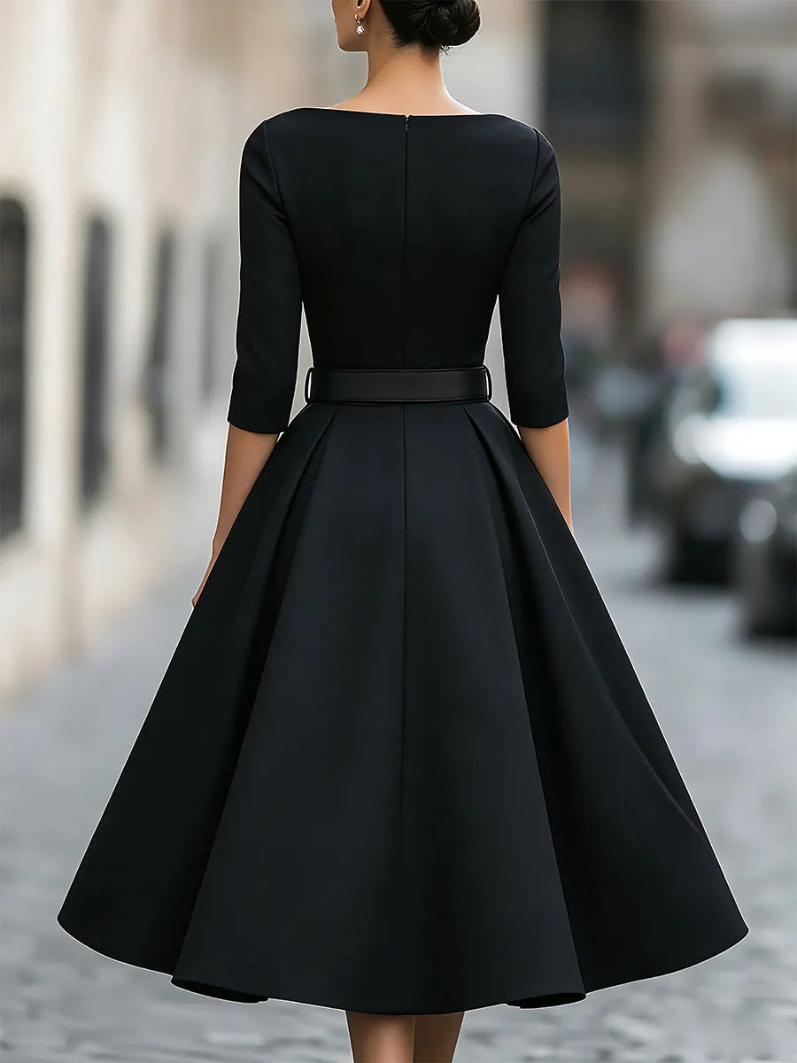 Belted Bateau-Neck Half-Sleeve A-Line Midi Dress
