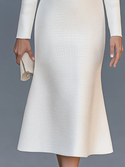 Ivory Crocodile Texture Long Sleeve A-Line Midi Dress