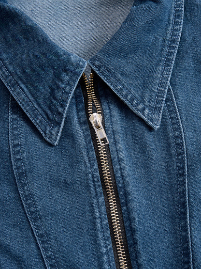 Elegant Zippered Belted Denim Midi Dress